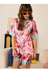 She's Inn Creations Floral Print Contrast Piping Pocket Front Satin Short Set women Night wear For Women Sleepwear For Girls