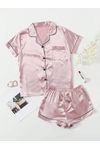 Womens Contrast Pipping Satin Short PJ Set