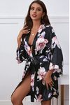 She's Inn Luxe Nights Floral Print Drop Shoulder Belted Satin Robe