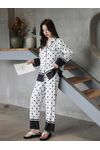 Brand New Simple Black Edging Large Polka Dot Printed Long Sleeve And Pants Pajamas Set