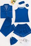 Royal Blue 7pcs Floral Print Satin Pajama Set