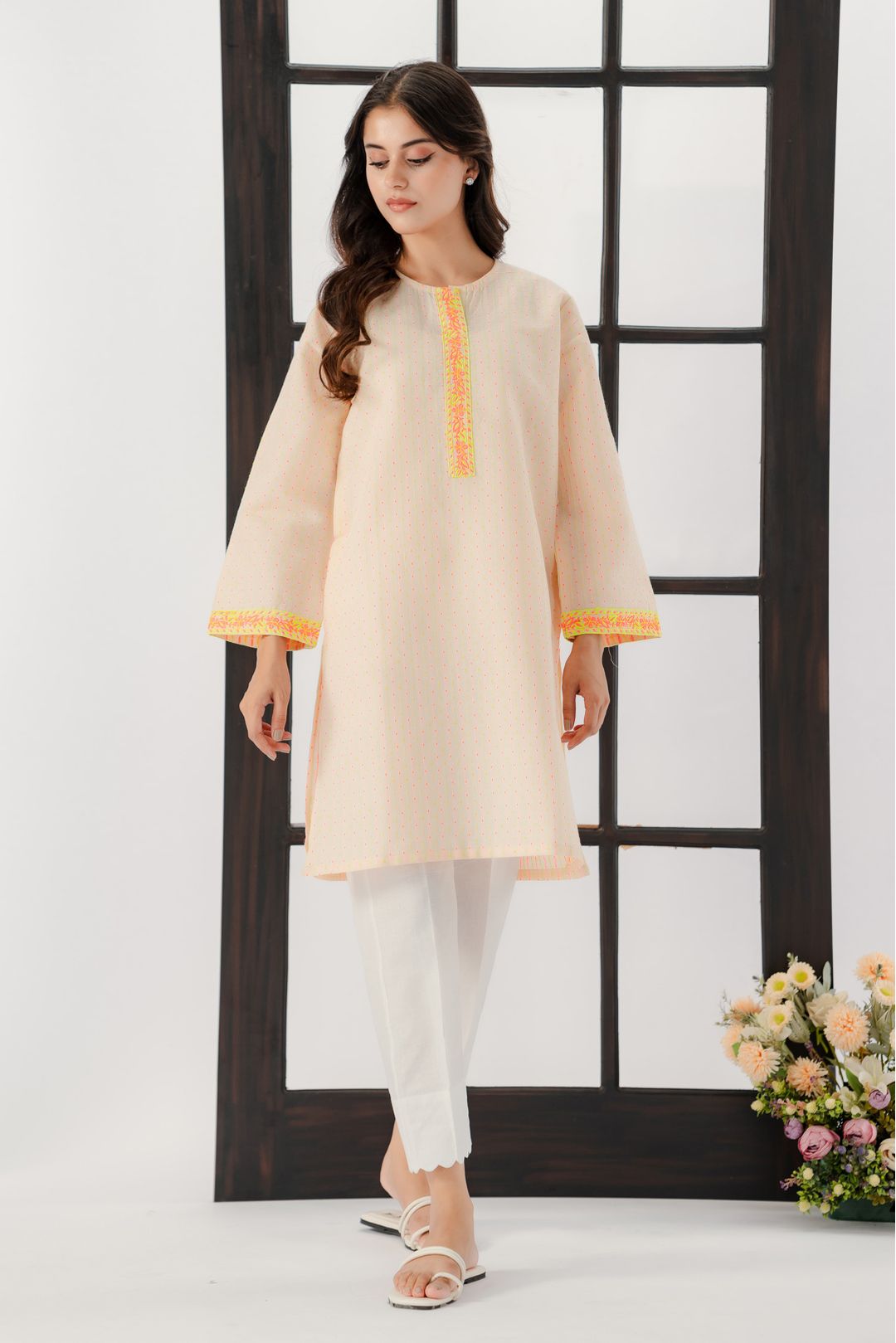 Buy Trendy Attire- Women Beige Embroidered One Piece