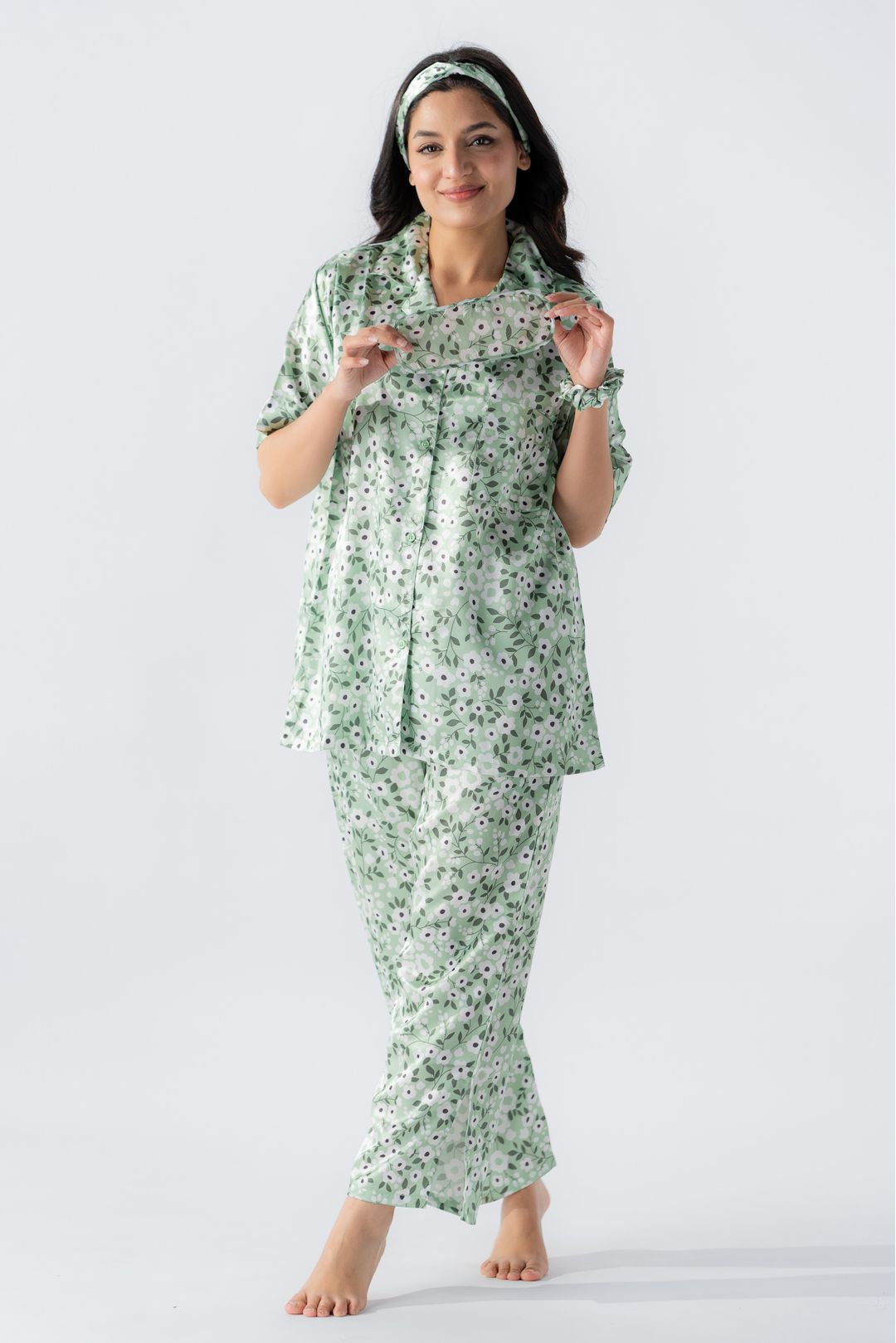 Buy Silk line-Women Leaf Printed Silk Five pieces Night wear Set